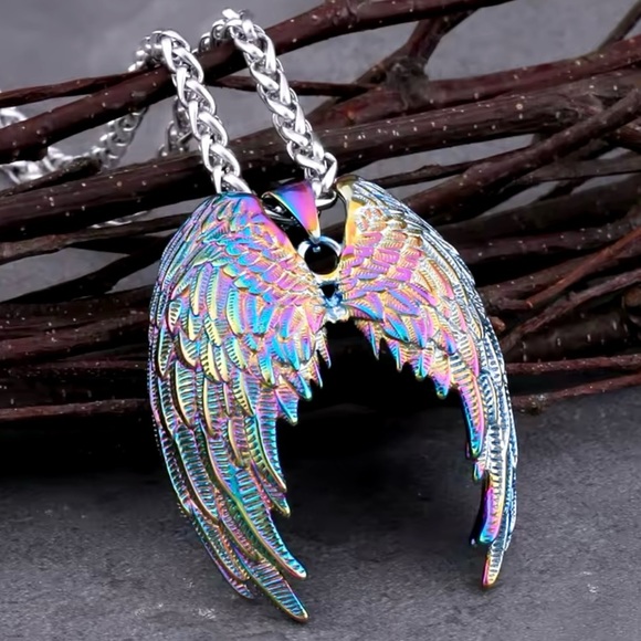 Rainbow Ombre Angel Wings~ Feathery Seraphic Ethereal Heavenly Graceful Necklace